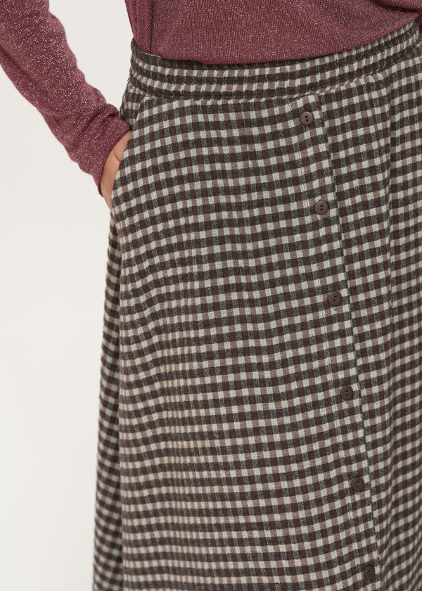 Jupe longue marron évasée à carreaux vichy - CHOCOLAT#couleur_CHOCOLAT