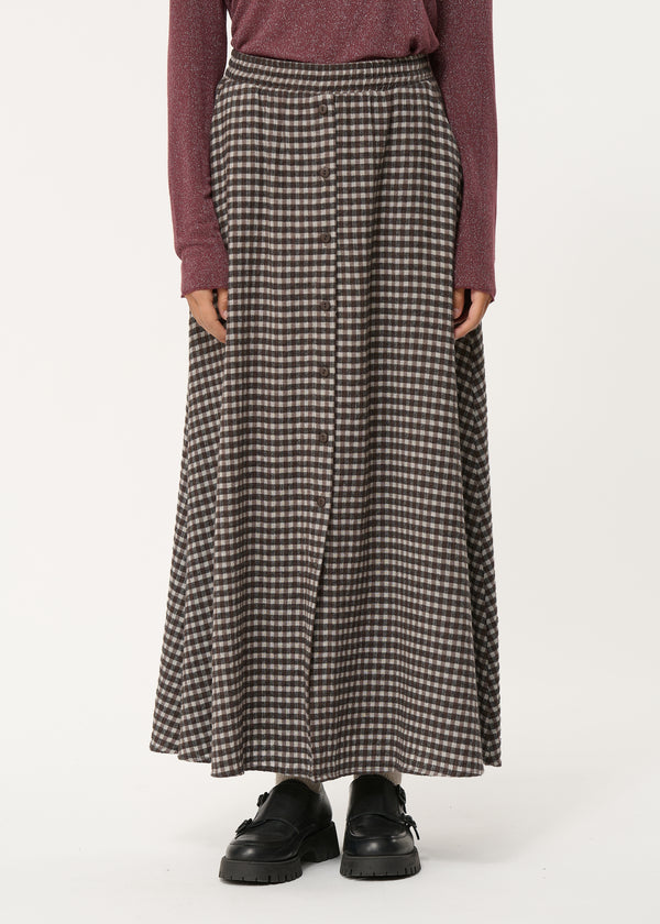 Jupe longue marron évasée à carreaux vichy - CHOCOLAT#couleur_CHOCOLAT