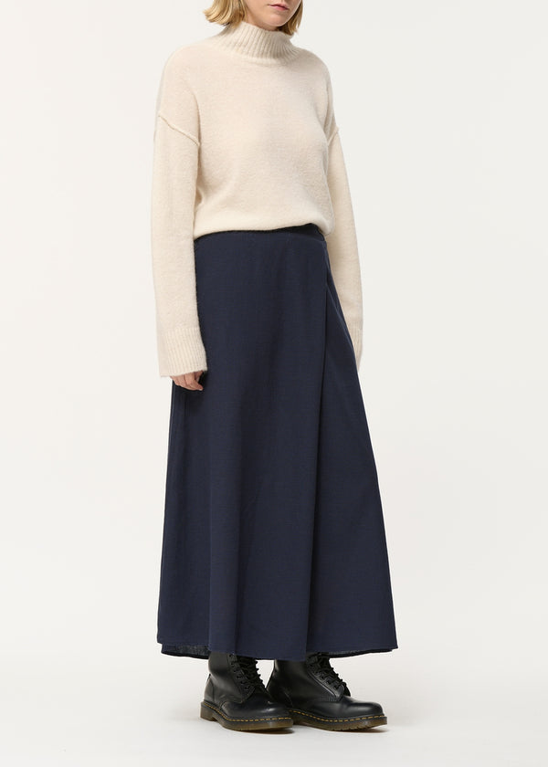 Gonna midi svasata blu navy con stampa pied-de-poule