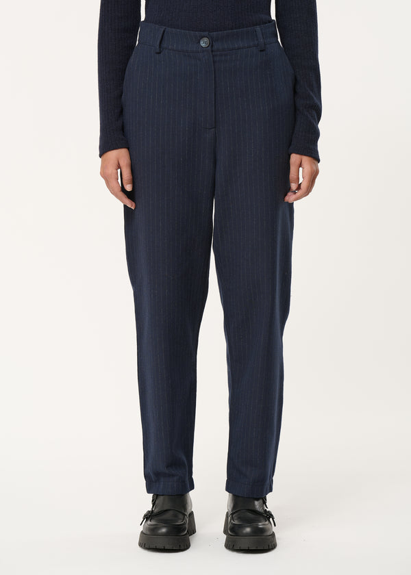 Pantalon carotte bleu en flanelle rayée - MARINE#couleur_MARINE