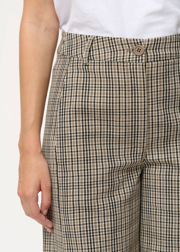 Pantalon large gris à carreaux en coton - SABLE#couleur_SABLE