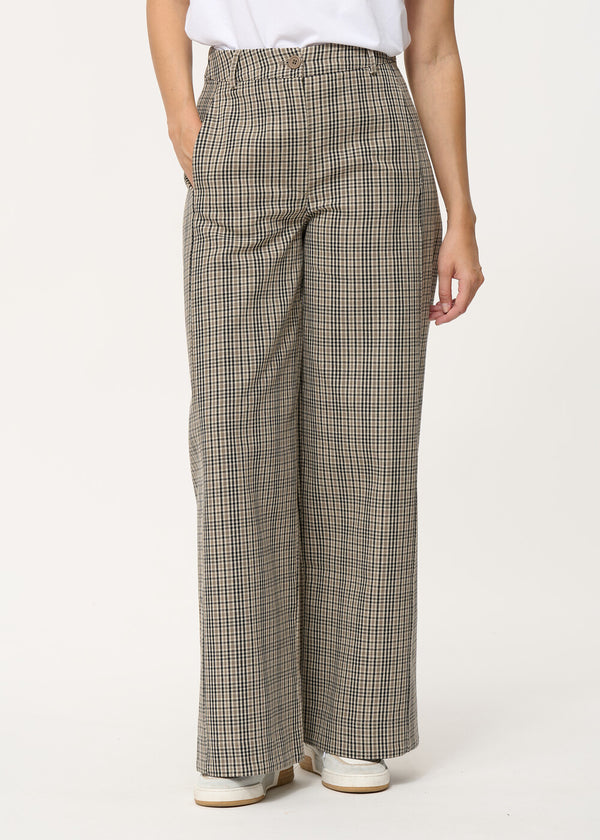 Pantalon large gris à carreaux en coton - SABLE#couleur_SABLE