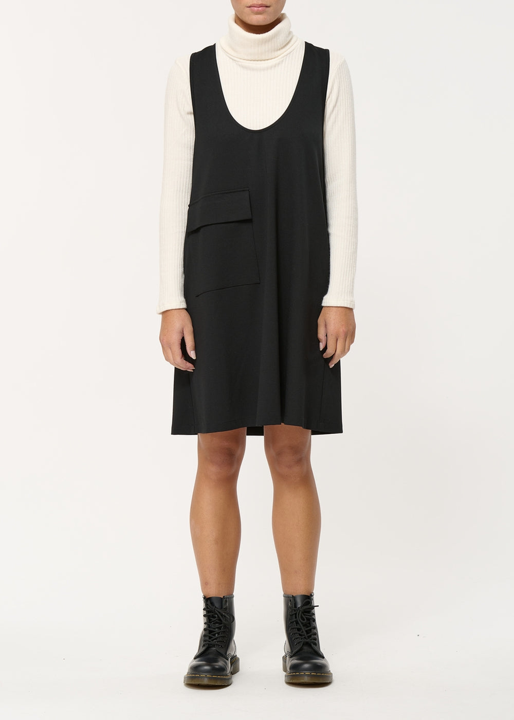 Black short pinafore dress with a scooped neckline