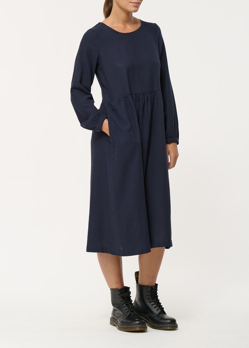 Navy blue midi dress with houndstooth print