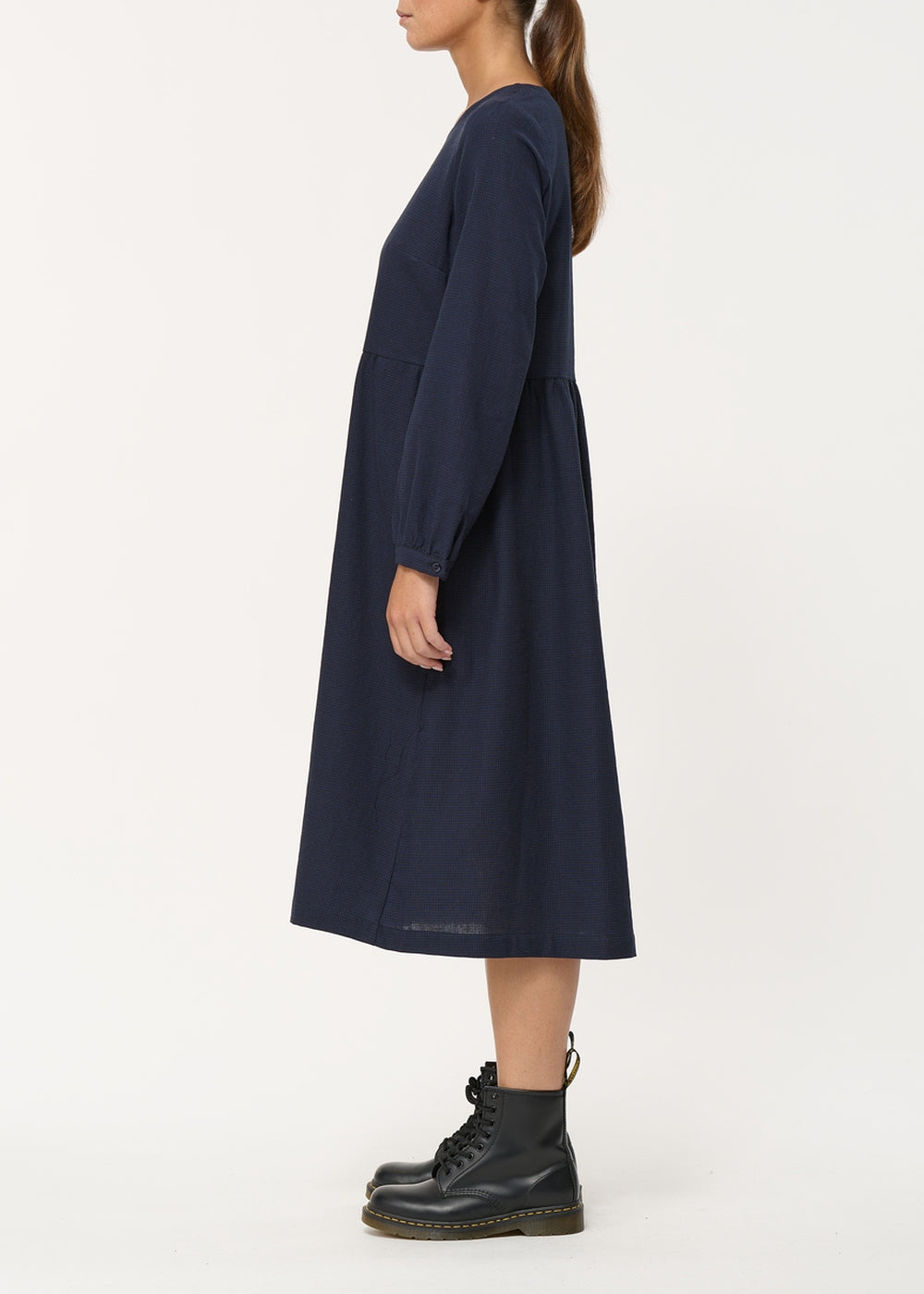 Navy blue midi dress with houndstooth print