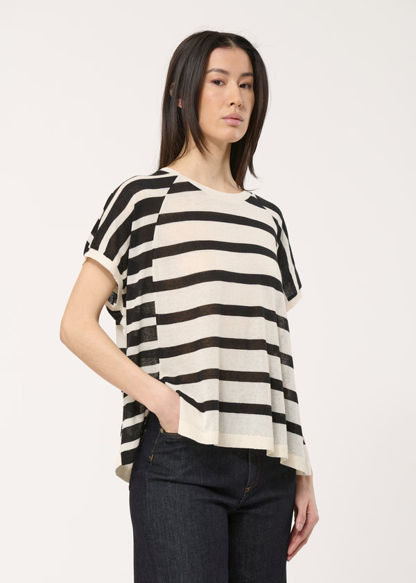 Pull noir à rayures en maille manches courtes - ECRU/NOIR#couleur_ECRU/NOIR