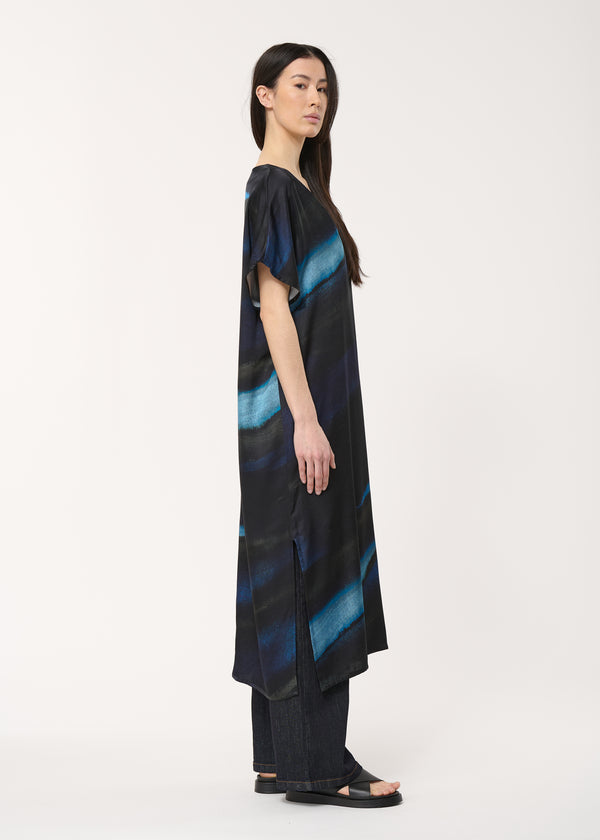 Robe droite mi-longue bleu marine à imprimé tye & dye - MARINE#couleur_MARINE