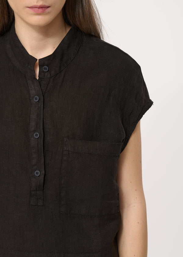 Top noir droit en lin manches courtes - NOIR#couleur_NOIR