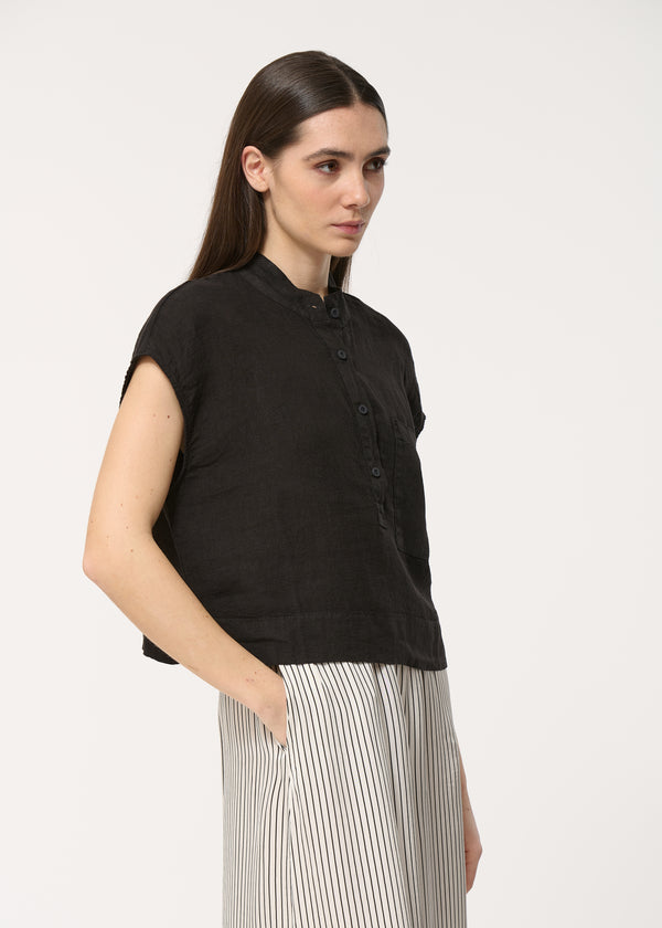Top noir droit en lin manches courtes - NOIR#couleur_NOIR