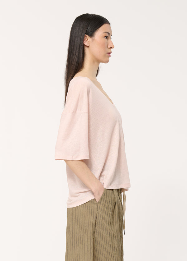 T-shirt rose poudré à manches courtes en lin et lyocell - POUDRE#couleur_POUDRE