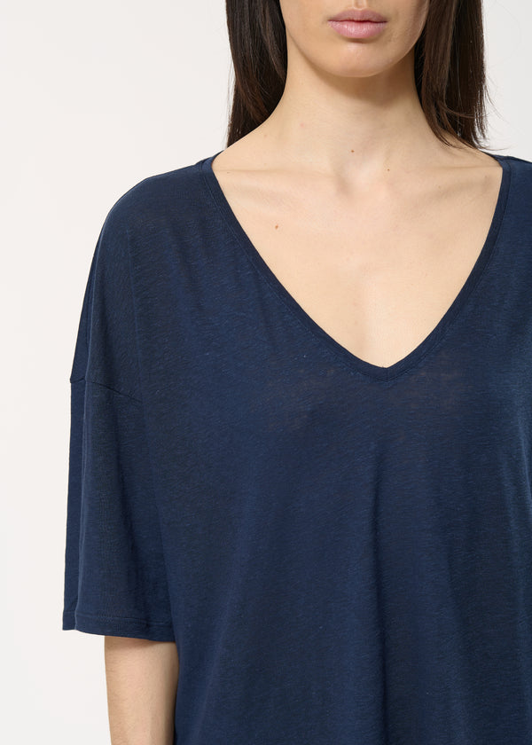 T-shirt bleu marine à manches courtes en lin et lyocell - MARINE#couleur_MARINE