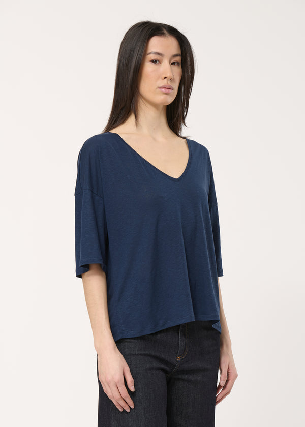 T-shirt bleu marine à manches courtes en lin et lyocell - MARINE#couleur_MARINE