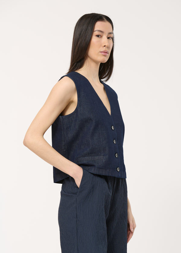 Gilet en denim brut sans manches - BLEU DENIM#couleur_BLEU DENIM