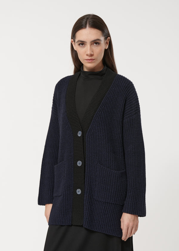 Cardigan noir et bleu marine oversize en maille côtelée manches longues - NOIR/MARINE#couleur_NOIR/MARINE