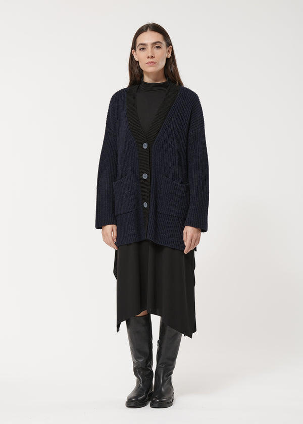 Cardigan noir et bleu marine oversize en maille côtelée manches longues - NOIR/MARINE#couleur_NOIR/MARINE