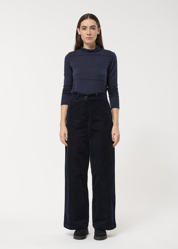 Pantalon large bleu marine en velours taille haute - MARINE#couleur_MARINE