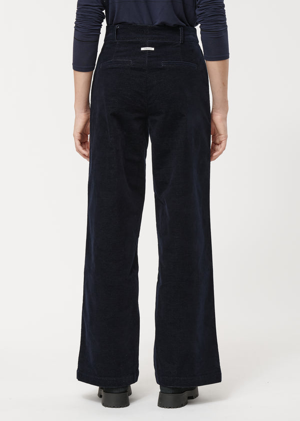 Pantalon large bleu marine en velours taille haute - MARINE#couleur_MARINE