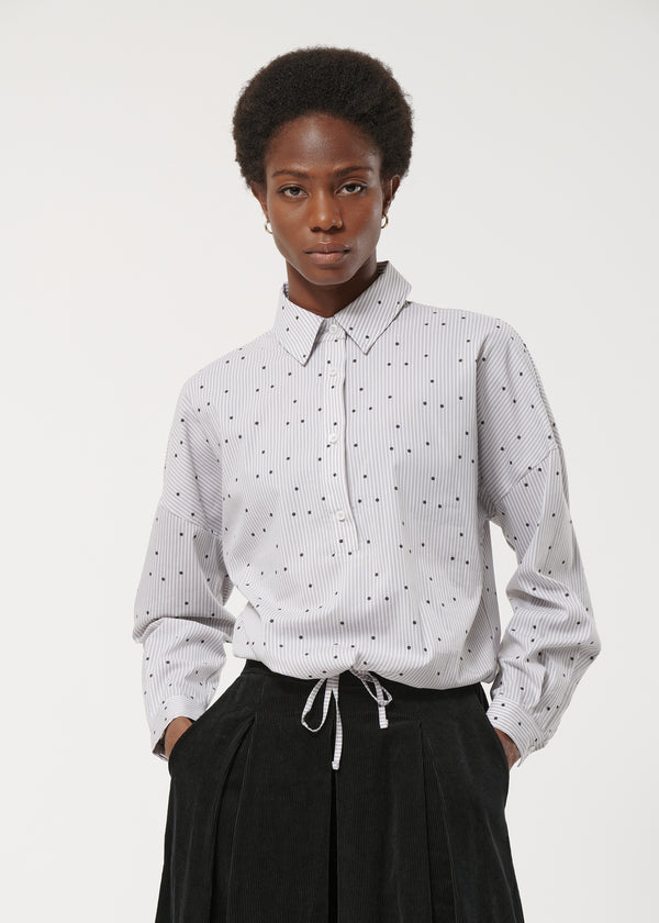 Top gris en popeline de coton à rayures et pois manches longues - GRIS CLAIR#couleur_GRIS CLAIR