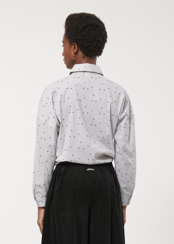 Top gris en popeline de coton à rayures et pois manches longues - GRIS CLAIR#couleur_GRIS CLAIR