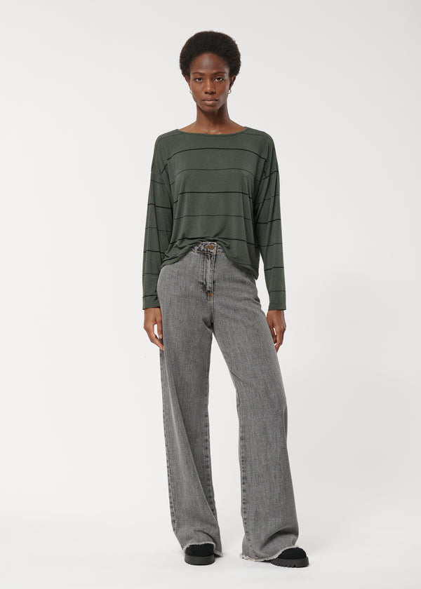 T-shirt vert oversize à rayures manches longues - FORET#couleur_FORET