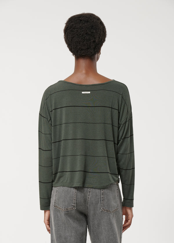T-shirt vert oversize à rayures manches longues - FORET#couleur_FORET