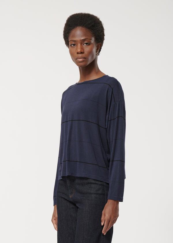 T-shirt bleu marine oversize à rayures manches longues - MARINE#couleur_MARINE