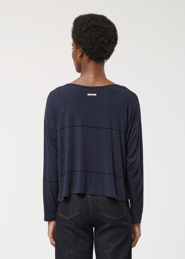 T-shirt bleu marine oversize à rayures manches longues - MARINE#couleur_MARINE