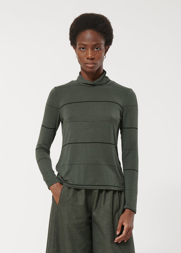 T-shirt vert droit à rayures manches longues - FORET#couleur_FORET