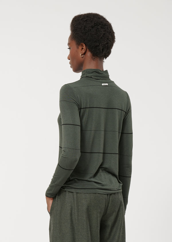 T-shirt vert droit à rayures manches longues - FORET#couleur_FORET