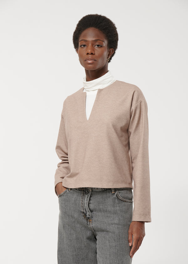 T-shirt beige court ample manches longues - FICELLE#couleur_FICELLE