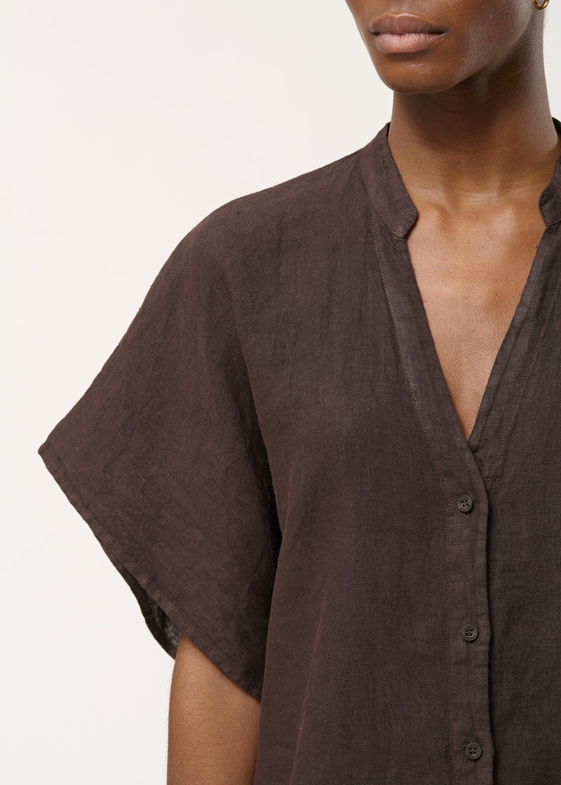 Chemisier marron oversize en lin - CHOCOLAT#couleur_CHOCOLAT