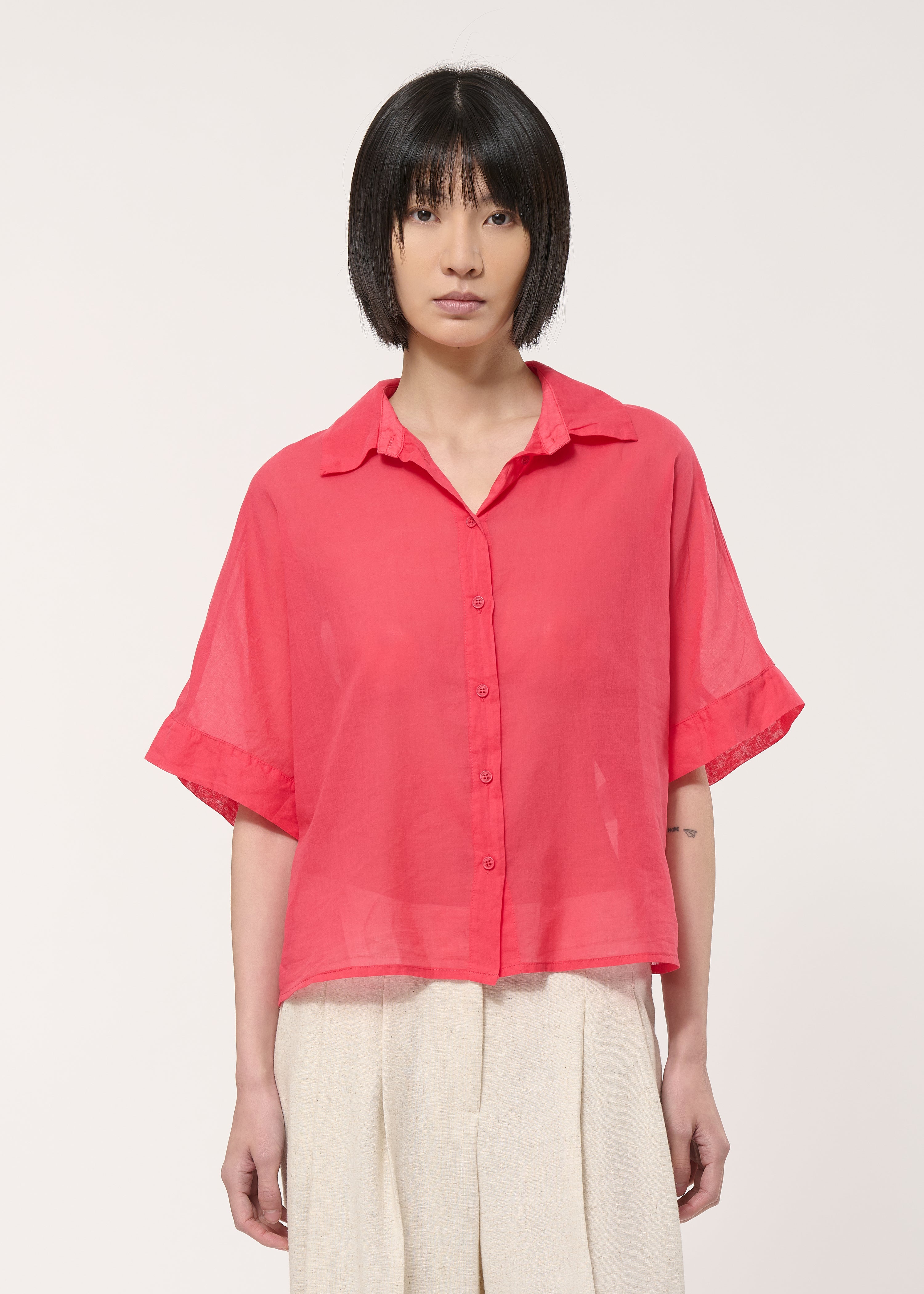 Chemise corail courte oversize unie - VERMILLON#couleur_VERMILLON