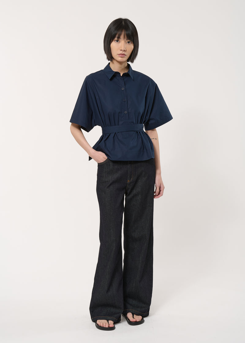 Chemise droite bleue à ceinture amovible en popeline de coton - NAVY#couleur_NAVY