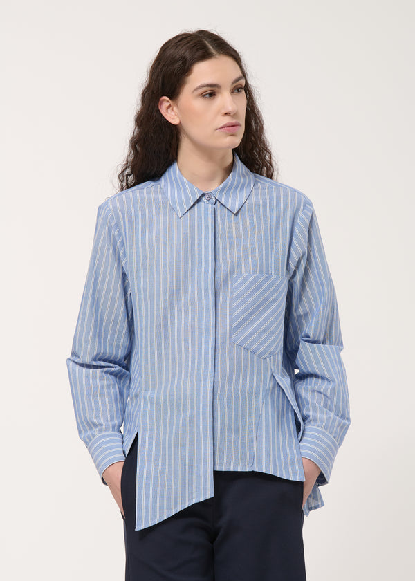 Chemise bleu foncé asymétrique rayée - DENIM#couleur_DENIM