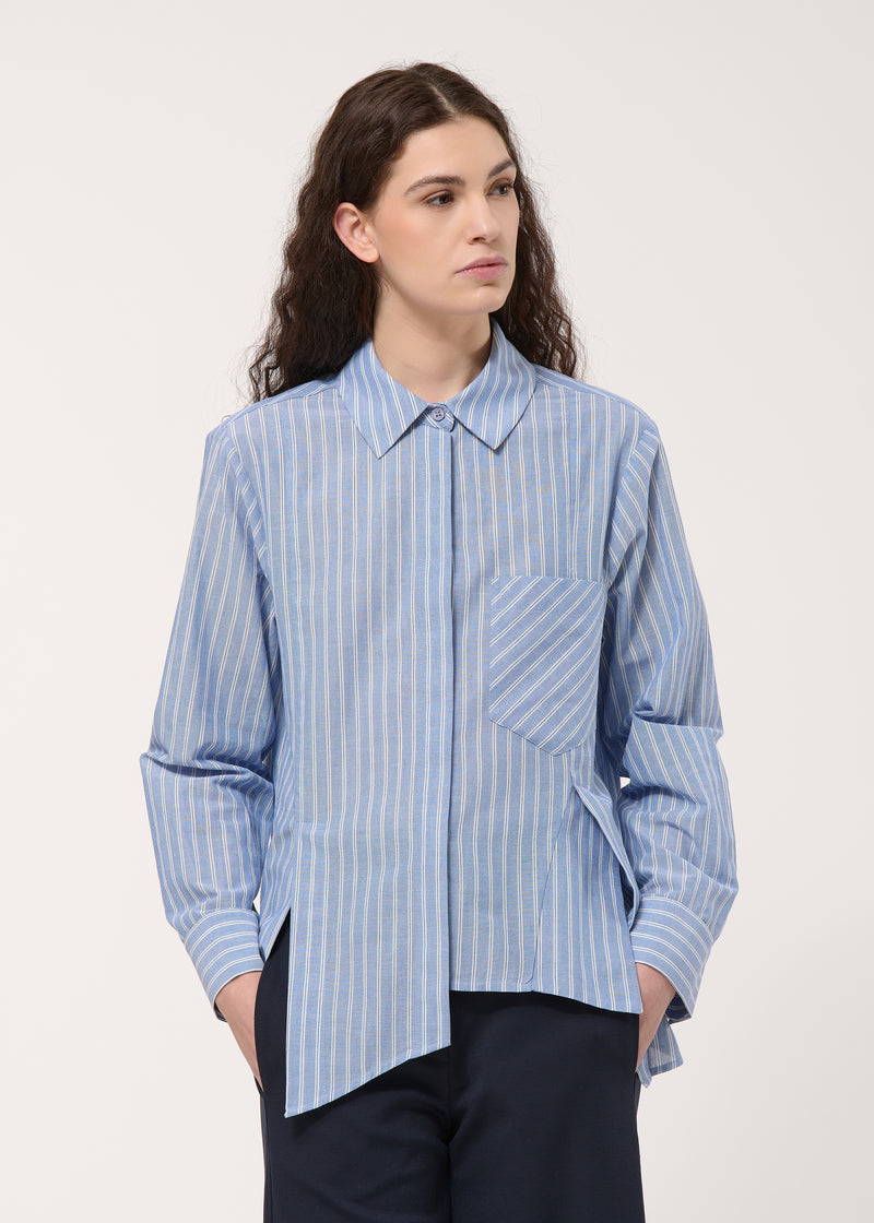 Chemise bleu foncé asymétrique rayée - DENIM#couleur_DENIM