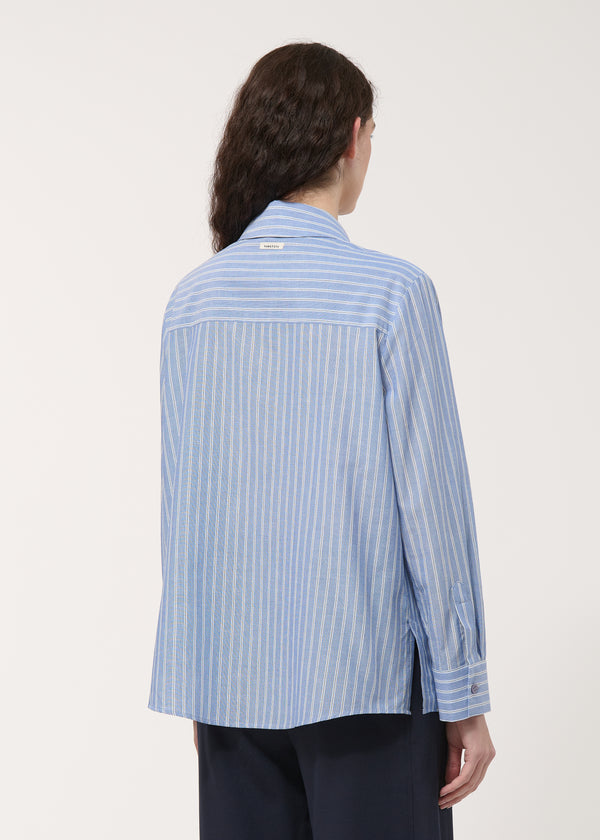 Chemise bleu foncé asymétrique rayée - DENIM#couleur_DENIM