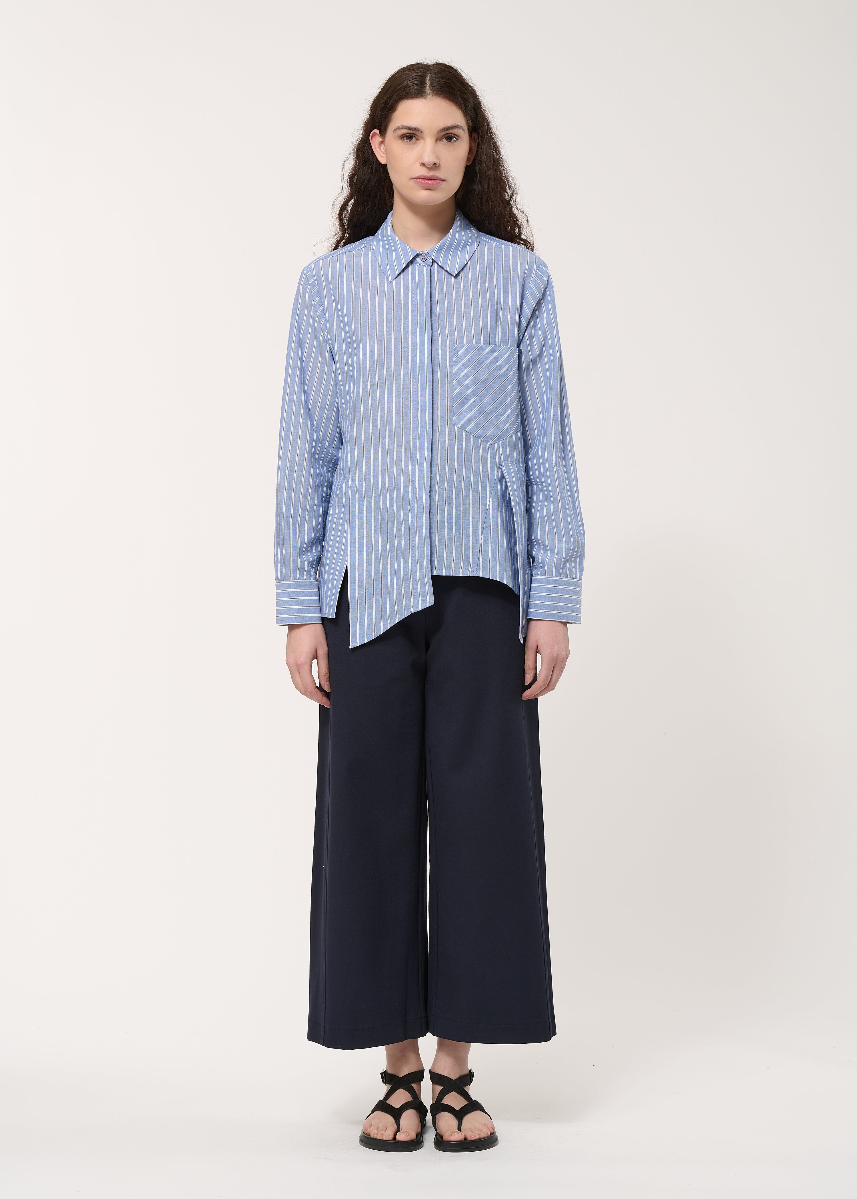 Chemise bleu foncé asymétrique rayée - DENIM#couleur_DENIM