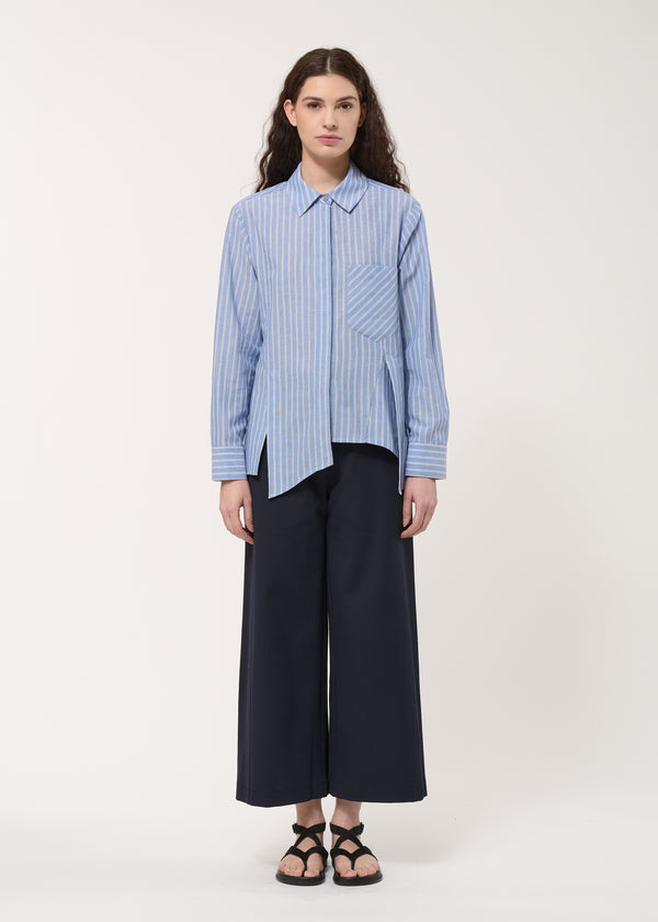 Chemise bleu foncé asymétrique rayée - DENIM#couleur_DENIM