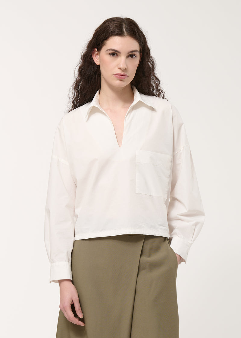 Blouse courte blanche à coulisse en popeline de coton - OFF WHITE#couleur_OFF WHITE