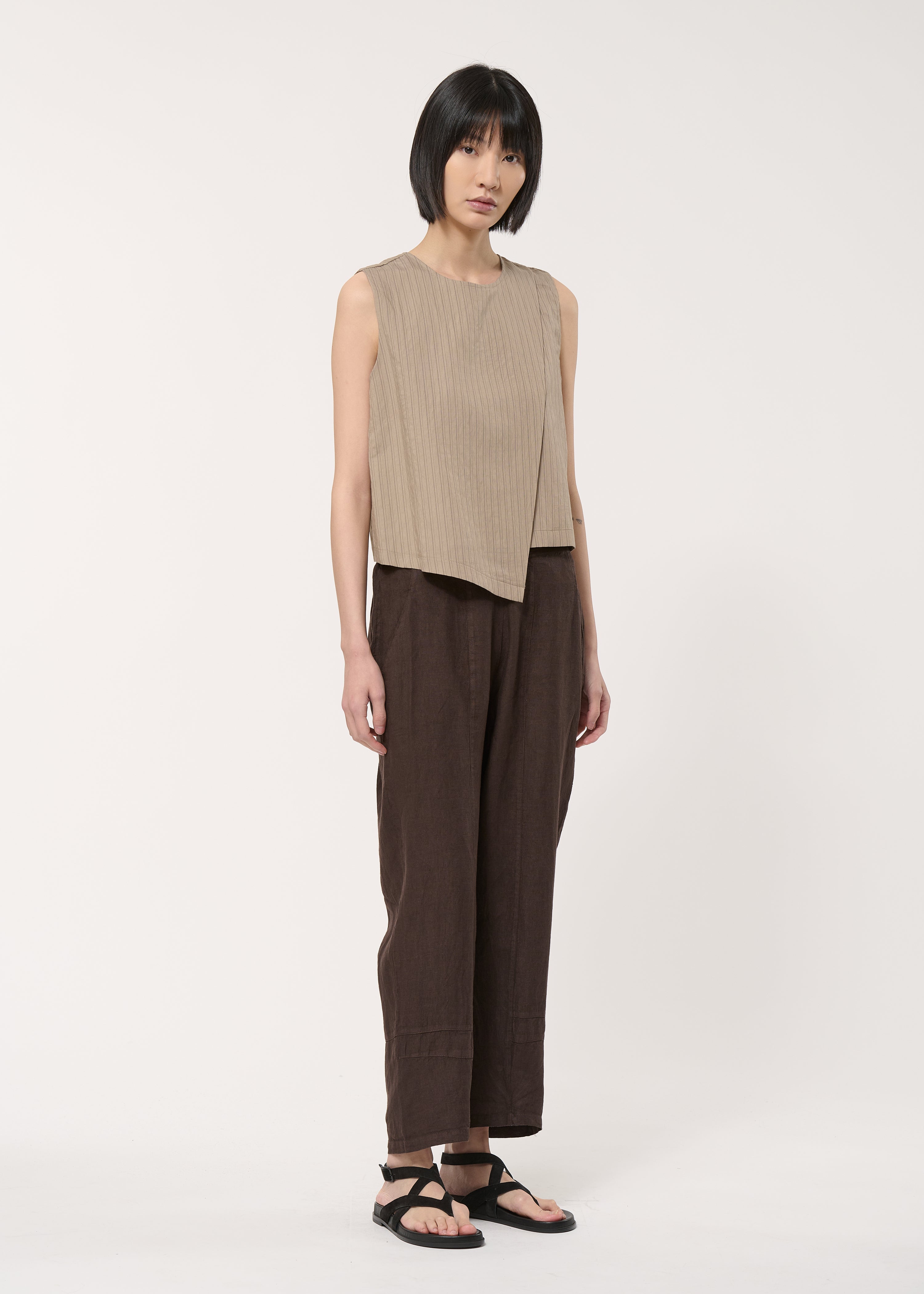 Pantalon marron 7/8ème en lin - CHOCOLAT#couleur_CHOCOLAT