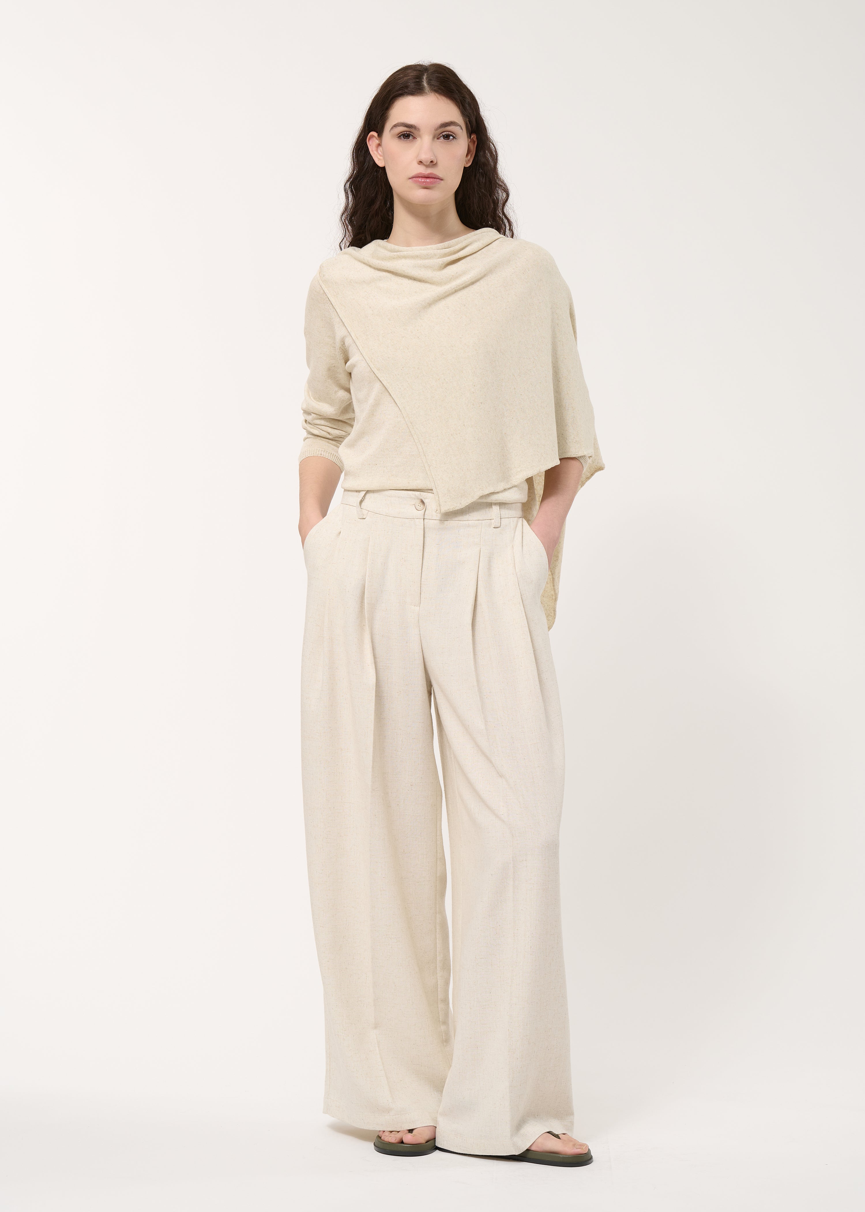 Pantalon large beige taille haute - NATUREL#couleur_NATUREL