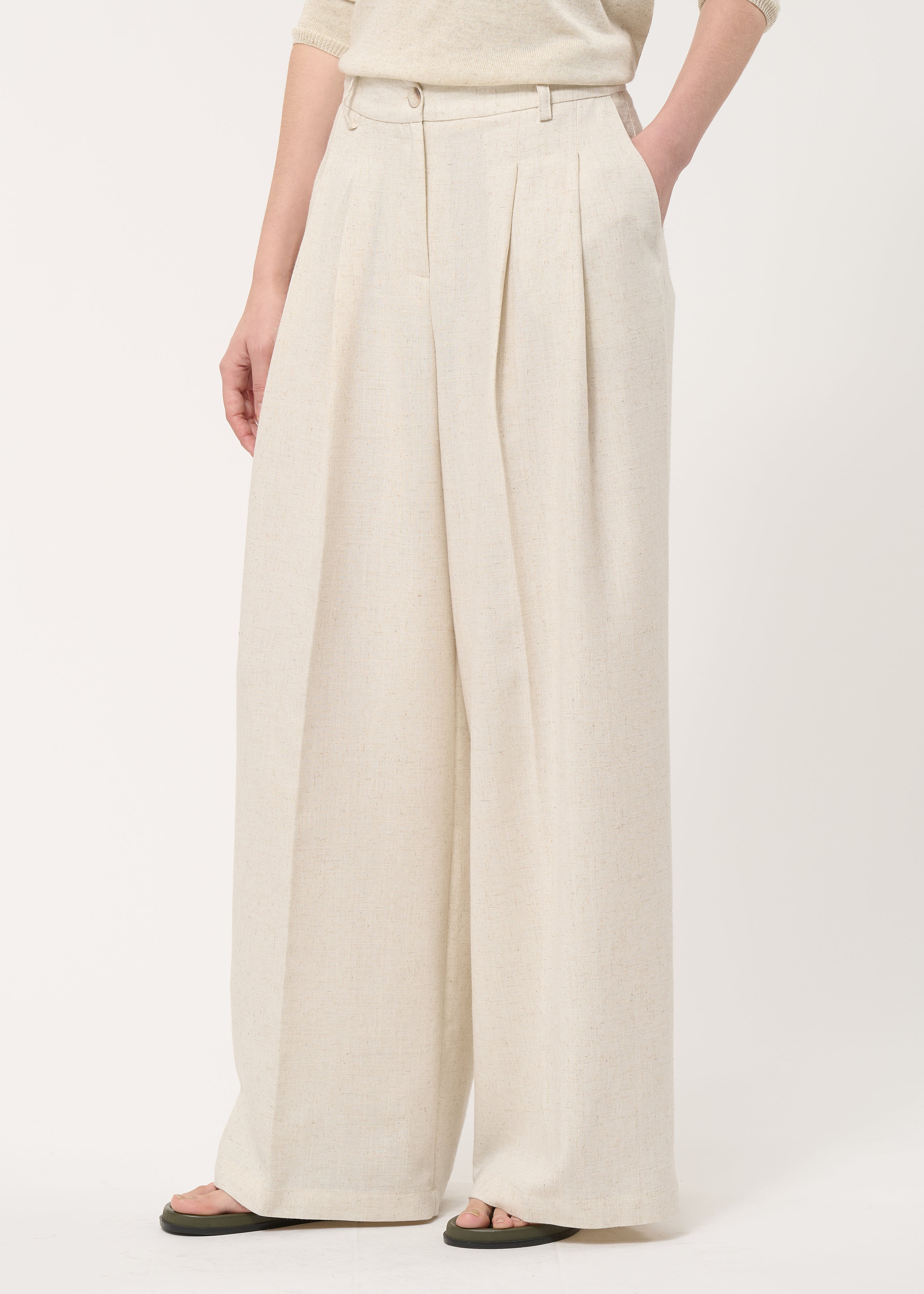 Pantalon large beige taille haute - NATUREL#couleur_NATUREL