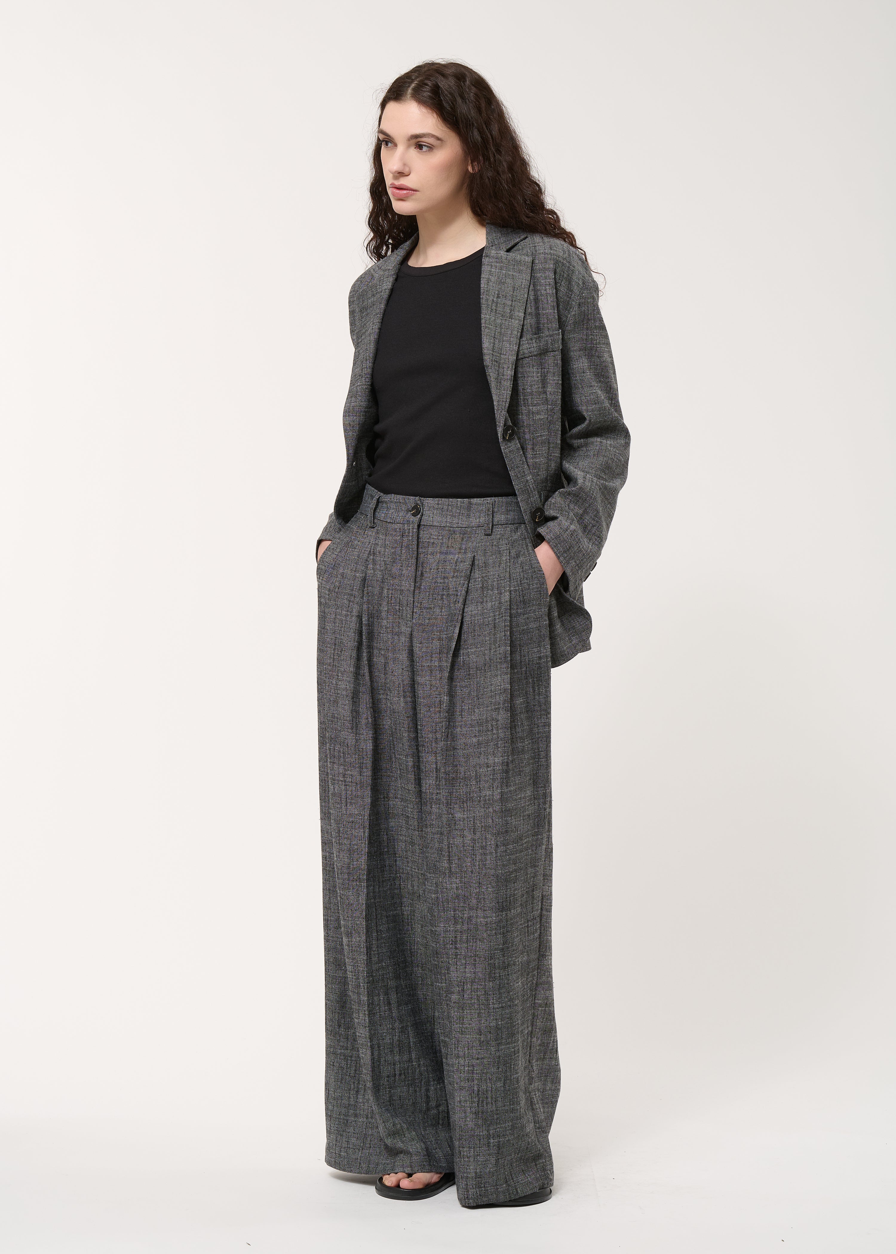 Pantalon large gris taille haute - CHARBON#couleur_CHARBON
