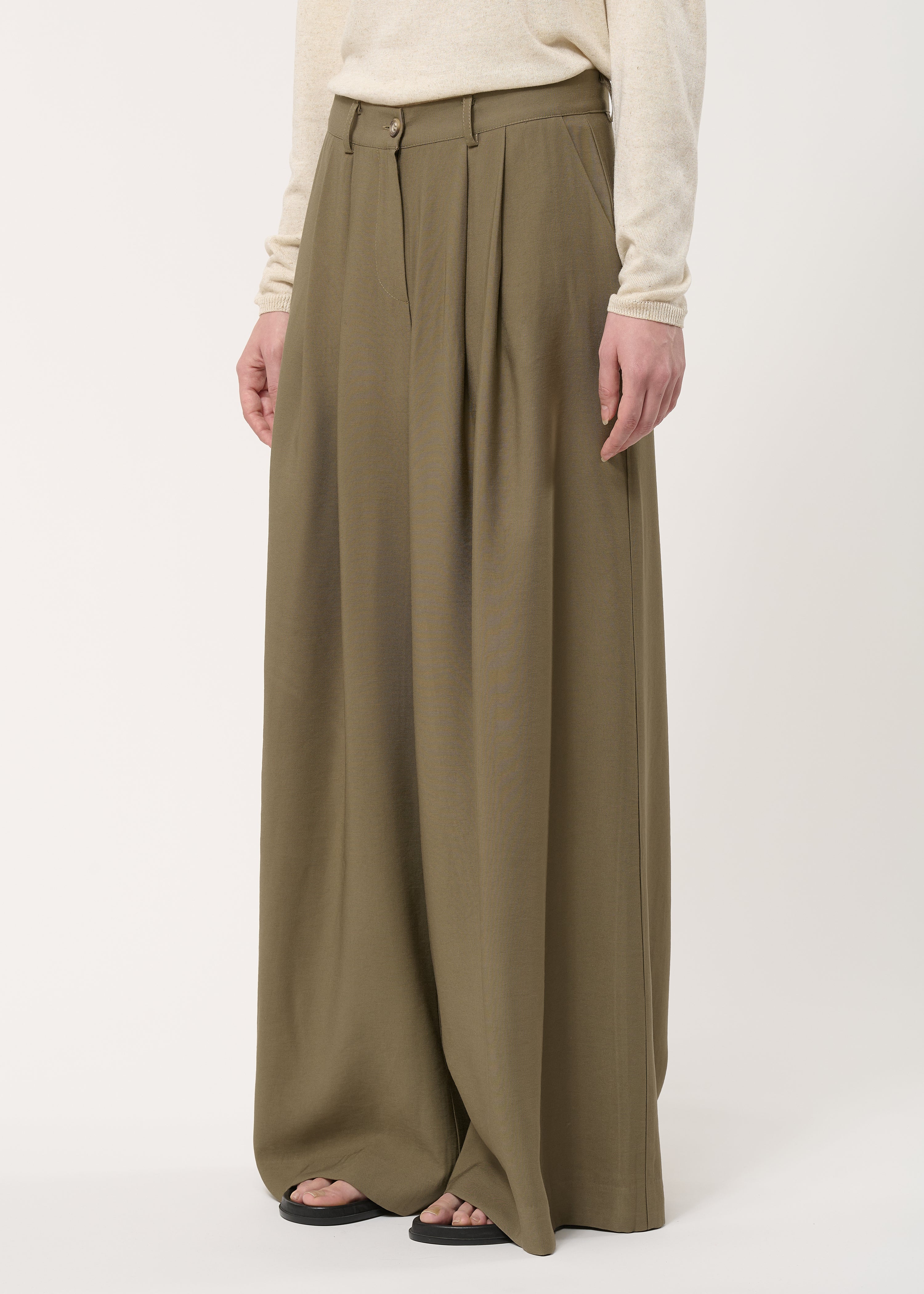 Pantalon large kaki fluide à plis - KAKI#couleur_KAKI