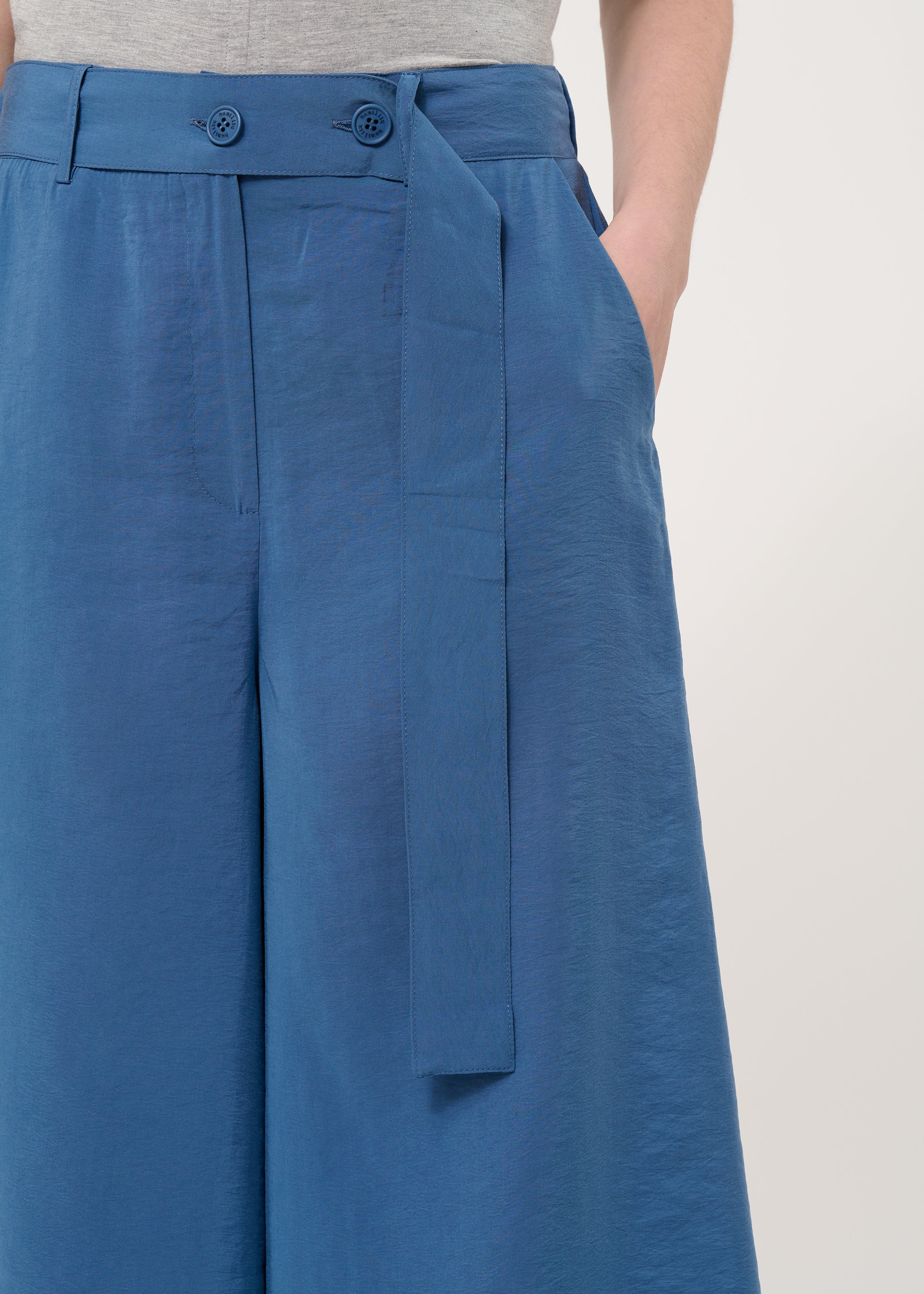 Pantalon large bleu en modal gaufré - DENIM#couleur_DENIM