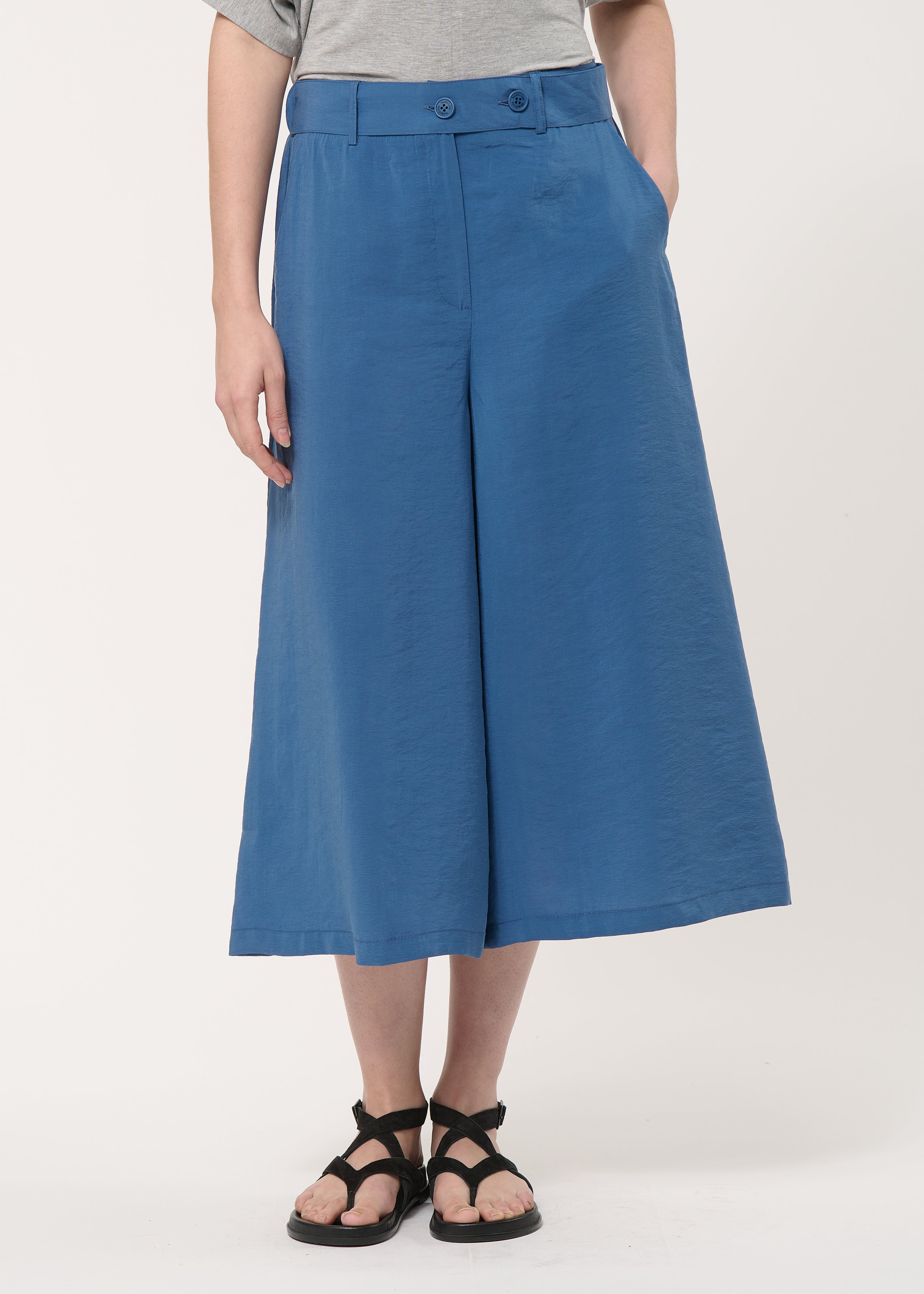 Pantalon large bleu en modal gaufré - DENIM#couleur_DENIM