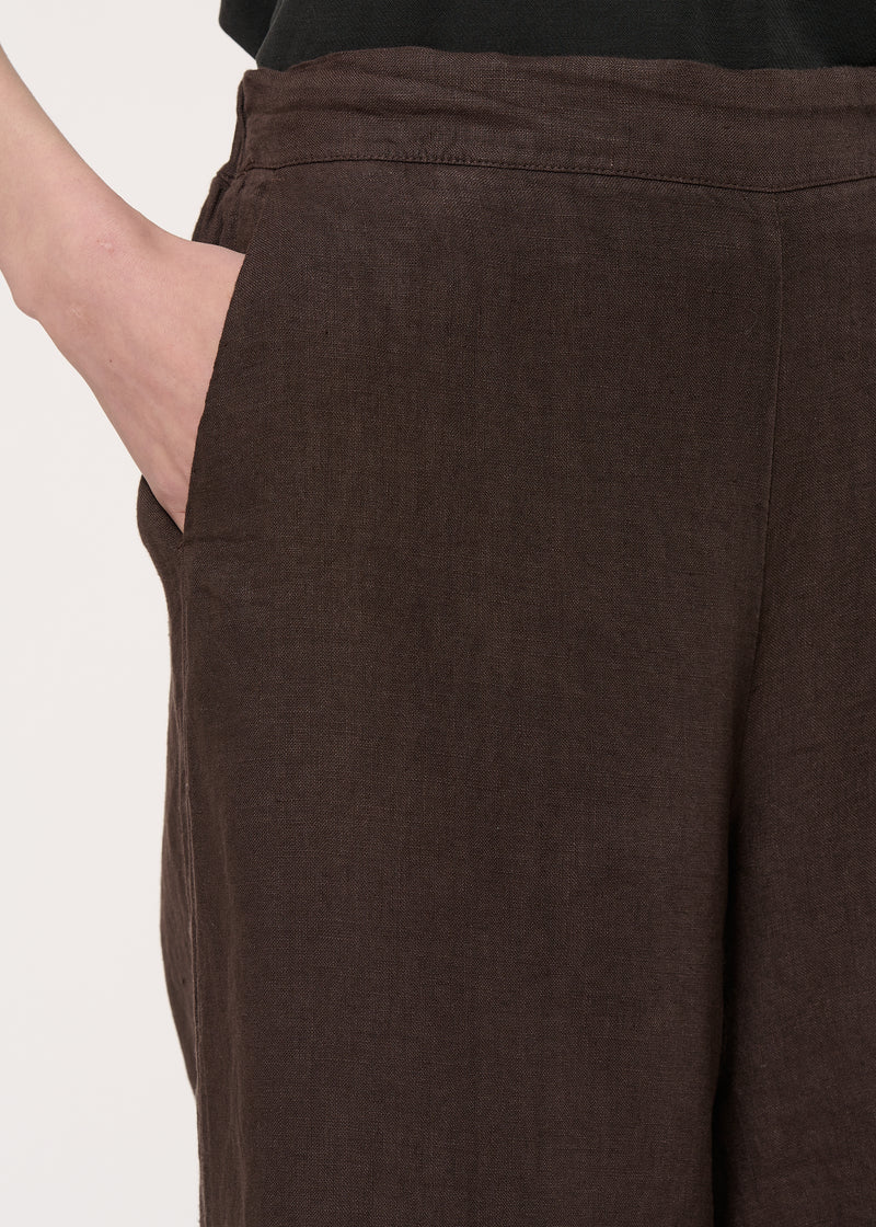 Pantalon cropped marron en lin - CHOCOLAT#couleur_CHOCOLAT