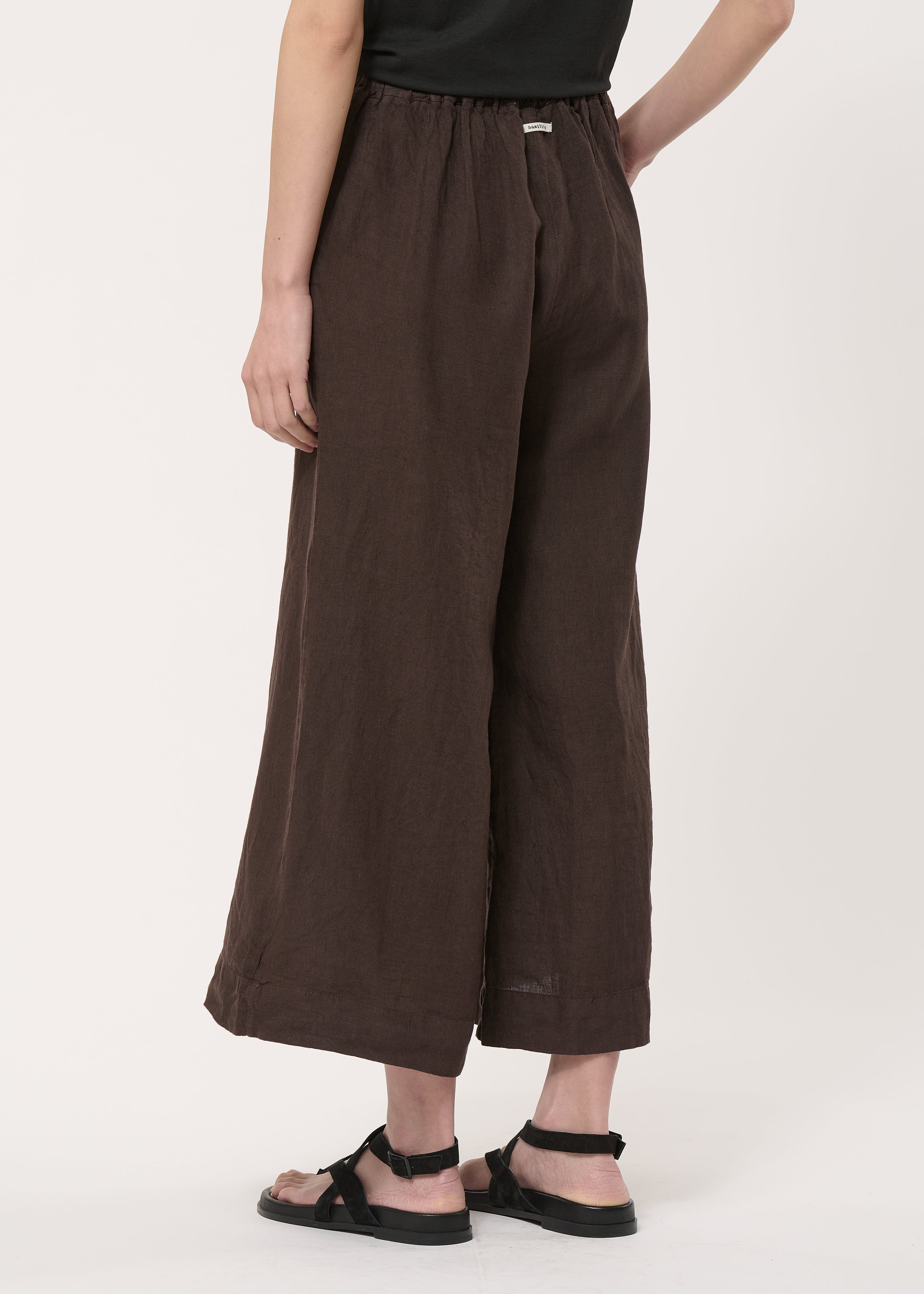 Pantalon cropped marron en lin - CHOCOLAT#couleur_CHOCOLAT