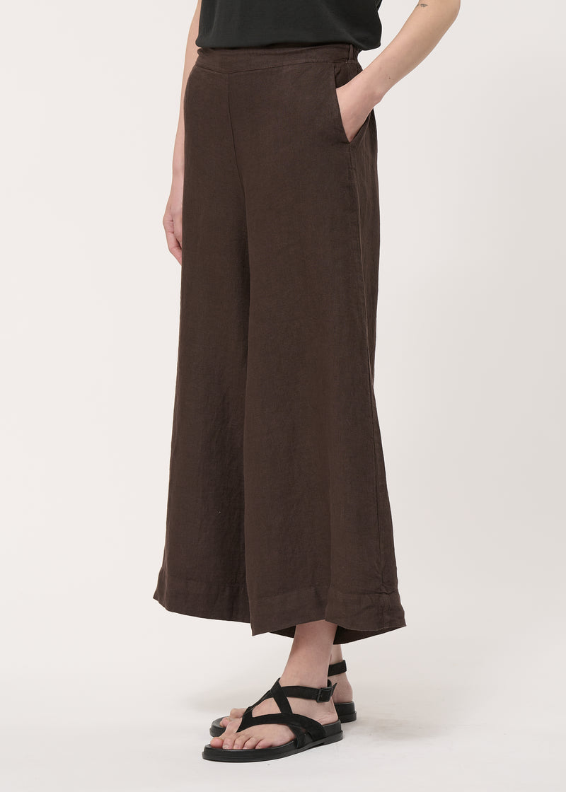 Pantalon cropped marron en lin - CHOCOLAT#couleur_CHOCOLAT