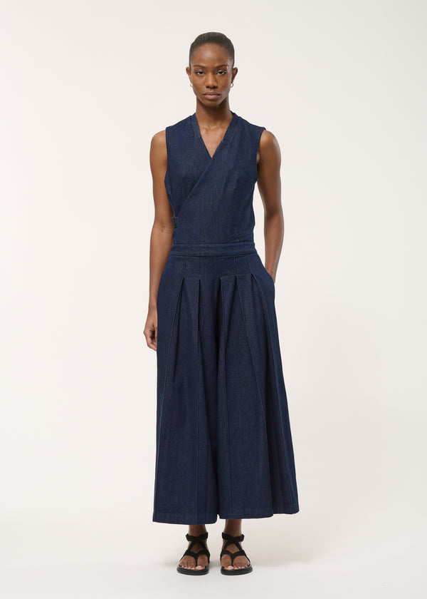 Pantalon plissé en denim - BLEU DENIM#couleur_BLEU DENIM